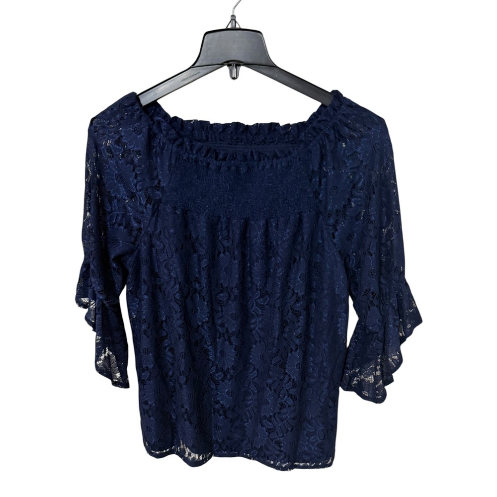 Est. 1946 Navy Blue Floral Lace Square Neck Bell Sleeve Blouse Medium